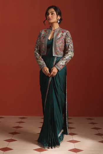 Rishi And Soujit Green Satin, Tissue, Bemberg Embroidered Pre-draped Saree Set With Jacket Online at Aza Fashions Rishi And Soujit_Green Satin, Tissue, Bemberg Embroidered Pre-draped Saree Set With Jacket _Online_at_Aza_Fashions