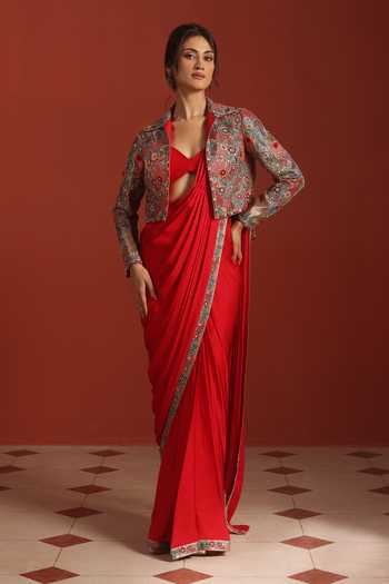 Rishi And Soujit Embroidered Pre-Draped Saree Set With Jacket 