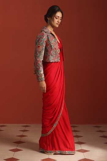 Rishi And Soujit Red Satin, Tissue, Bemberg Embroidered Pre-draped Saree Set With Jacket Online at Aza Fashions Rishi And Soujit_Red Satin, Tissue, Bemberg Embroidered Pre-draped Saree Set With Jacket _Online_at_Aza_Fashions