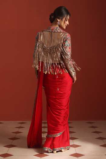 Rishi And Soujit Embroidered Pre-Draped Saree Set With Jacket 