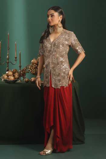 Rishi And Soujit Gold Satin, Tissue, Bemberg V-neck Embroidered Jacket And Draped Skirt Set Online at Aza Fashions Rishi And Soujit_Gold Satin, Tissue, Bemberg V-neck Embroidered Jacket And Draped Skirt Set _Online_at_Aza_Fashions