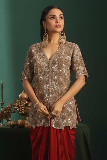 Buy Rishi And Soujit Gold Satin, Tissue, Bemberg V-neck Embroidered Jacket And Draped Skirt Set Online at Aza Fashions Buy_Rishi And Soujit_Gold Satin, Tissue, Bemberg V-neck Embroidered Jacket And Draped Skirt Set _Online_at_Aza_Fashions
