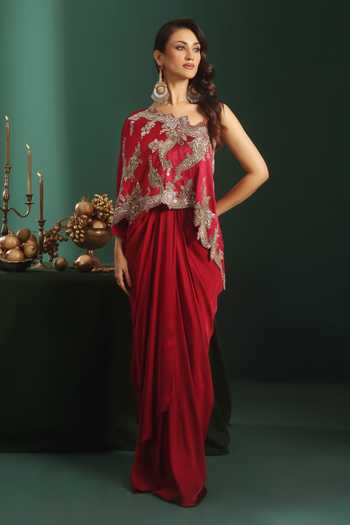 Rishi And Soujit One Shoulder Embroidered Top With Skirt 