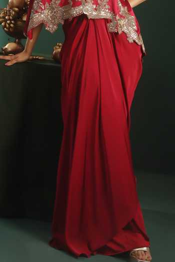 Rishi And Soujit_Maroon Satin, Bemberg One Shoulder Embroidered Top With Skirt _Online_at_Aza_Fashions