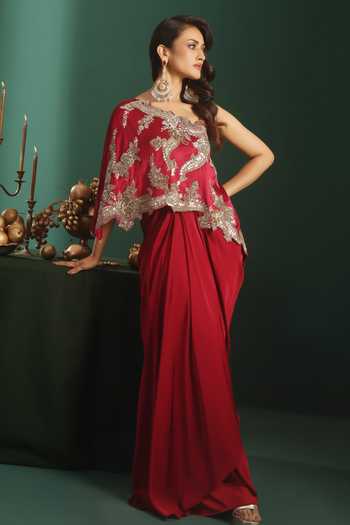 Buy_Rishi And Soujit_Maroon Satin, Bemberg One Shoulder Embroidered Top With Skirt _Online_at_Aza_Fashions