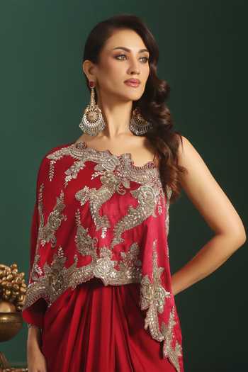 Shop_Rishi And Soujit_Maroon Satin, Bemberg One Shoulder Embroidered Top With Skirt _Online_at_Aza_Fashions