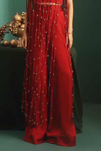 Rishi And Soujit_Maroon Bemberg, Satin High Neck Embroidered Crop Top And Pant Set _Online_at_Aza_Fashions