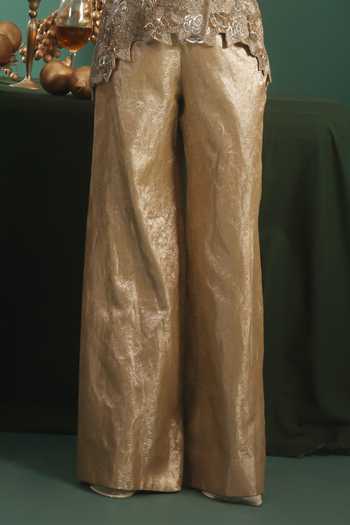 Rishi And Soujit_Gold Silk, Tissue V-neck Embroidered Long Top And Pant Set _Online_at_Aza_Fashions