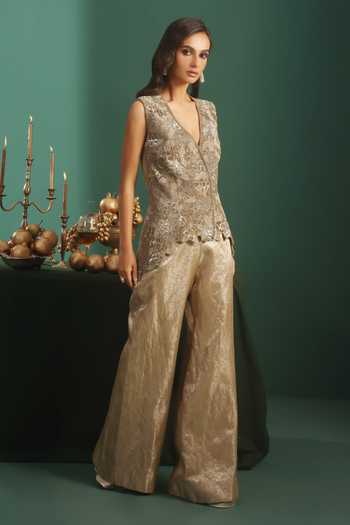 Buy_Rishi And Soujit_Gold Silk, Tissue V-neck Embroidered Long Top And Pant Set _Online_at_Aza_Fashions