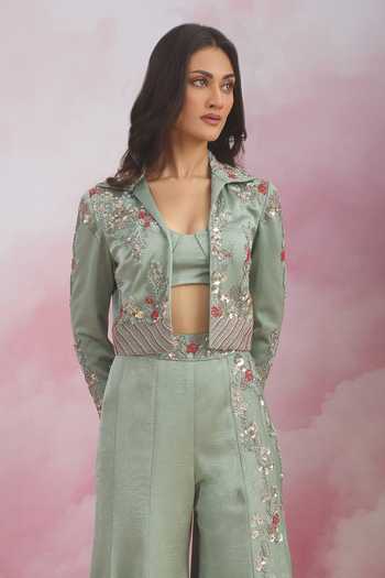 Rishi And Soujit Green Jacquard Collared Neck Embroidered Jacket Pant Set Online at Aza Fashions Rishi And Soujit_Green Jacquard Collared Neck Embroidered Jacket Pant Set _Online_at_Aza_Fashions