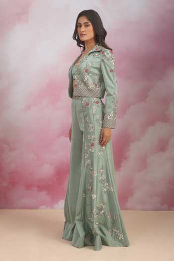 Buy Rishi And Soujit Green Jacquard Collared Neck Embroidered Jacket Pant Set Online at Aza Fashions Buy_Rishi And Soujit_Green Jacquard Collared Neck Embroidered Jacket Pant Set _Online_at_Aza_Fashions
