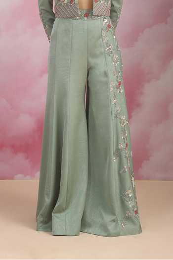 Shop Rishi And Soujit Green Jacquard Collared Neck Embroidered Jacket Pant Set Online at Aza Fashions Shop_Rishi And Soujit_Green Jacquard Collared Neck Embroidered Jacket Pant Set _Online_at_Aza_Fashions