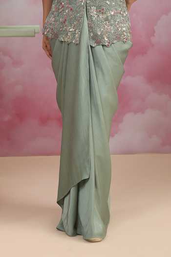 Rishi And Soujit_Green Jacquard V-neck Embroidered Long Top And Skirt Set _Online_at_Aza_Fashions