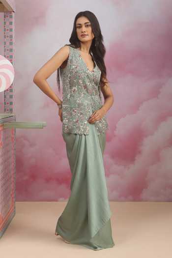 Buy_Rishi And Soujit_Green Jacquard V-neck Embroidered Long Top And Skirt Set _Online_at_Aza_Fashions