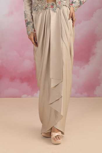 Rishi And Soujit Grey Jacquard Collared Neck, Embroidered Jacket Draped Skirt Set Online at Aza Fashions Rishi And Soujit_Grey Jacquard Collared Neck, Embroidered Jacket Draped Skirt Set _Online_at_Aza_Fashions