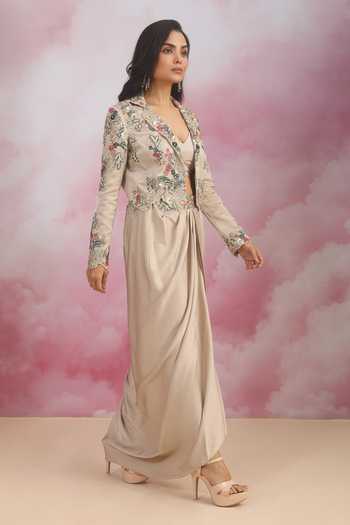 Buy Rishi And Soujit Grey Jacquard Collared Neck, Embroidered Jacket Draped Skirt Set Online at Aza Fashions Buy_Rishi And Soujit_Grey Jacquard Collared Neck, Embroidered Jacket Draped Skirt Set _Online_at_Aza_Fashions