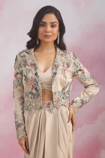Shop Rishi And Soujit Grey Jacquard Collared Neck, Embroidered Jacket Draped Skirt Set Online at Aza Fashions Shop_Rishi And Soujit_Grey Jacquard Collared Neck, Embroidered Jacket Draped Skirt Set _Online_at_Aza_Fashions