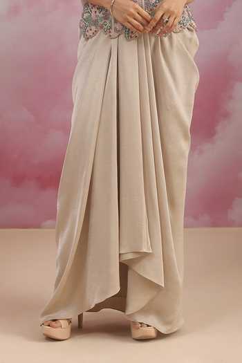 Rishi And Soujit_Grey Jacquard Sequins, Beads, Tassels Embroidered Corset And Draped Skirt Set _Online_at_Aza_Fashions