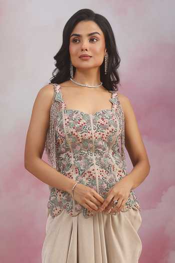 Buy_Rishi And Soujit_Grey Jacquard Sequins, Beads, Tassels Embroidered Corset And Draped Skirt Set _Online_at_Aza_Fashions