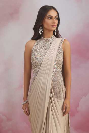Rishi And Soujit Grey Jacquard Halter Neck Pre-draped Saree With Embroidered Blouse Online at Aza Fashions Rishi And Soujit_Grey Jacquard Halter Neck Pre-draped Saree With Embroidered Blouse _Online_at_Aza_Fashions