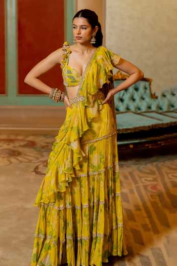Paulmi And Harsh Flower Print Pre-Stitched Saree With Blouse 