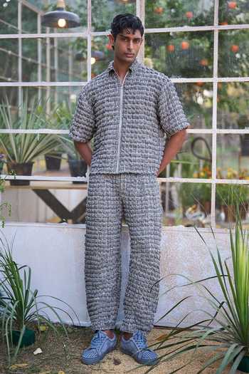 Shop Dash And Dot Blue Polyester Bubble Jacquard Knitted Shirt And Pant Set Shop_Dash And Dot_Blue Polyester Bubble Jacquard Knitted Shirt And Pant Set