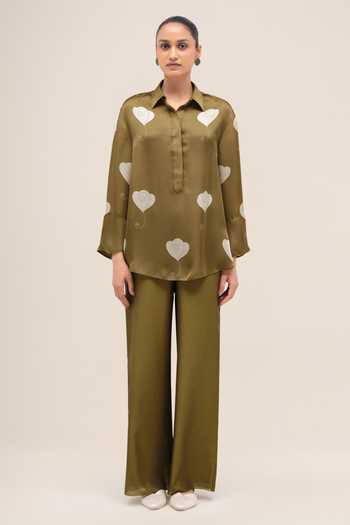 Shop_Ampm_Olive Green Organza, Satin Collared Neck Shirin 