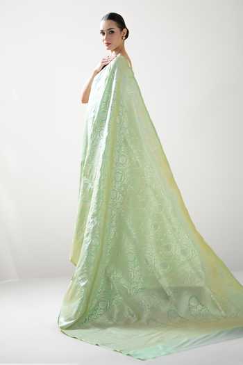 Shop_Sacred Weaves_Green Silk Floral Jaal Woven Saree _Online_at_Aza_Fashions