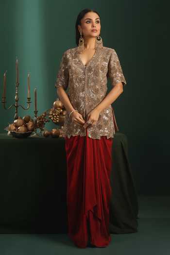 Rishi And Soujit Embroidered Jacket & Draped Skirt Set 