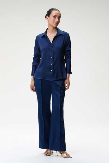 Tara And I Blue Silk Satin Collared Neck Midnight Shirt at Aza Fashions Tara And I_Blue Silk Satin Collared Neck Midnight Shirt _at_Aza_Fashions