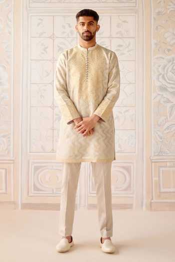 Shyam Narayan Prasad Antique White Silk Brocade Kurta & Pant Set 