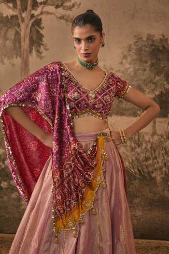 Buy Vana Ethnics Pink Silk, Satin, Tissue V-neck Lehenga Set With Patola Dupatta Online at Aza Fashions Buy_Vana Ethnics_Pink Silk, Satin, Tissue V-neck Lehenga Set With Patola Dupatta _Online_at_Aza_Fashions
