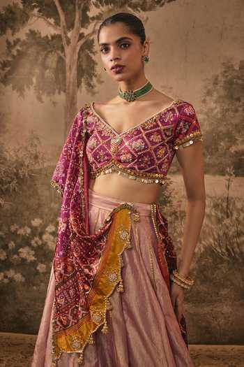 Shop Vana Ethnics Pink Silk, Satin, Tissue V-neck Lehenga Set With Patola Dupatta Online at Aza Fashions Shop_Vana Ethnics_Pink Silk, Satin, Tissue V-neck Lehenga Set With Patola Dupatta _Online_at_Aza_Fashions