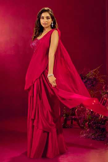Buy_Samyukta Singhania_Fuchsia Crepe Sweetheart Neck Pre-draped Saree With Embroidered Blouse _Online_at_Aza_Fashions