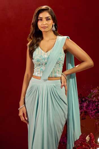 Buy_Samyukta Singhania_Sky Blue Lycra V-neck Pleated Pre-draped Saree With Blouse _Online_at_Aza_Fashions