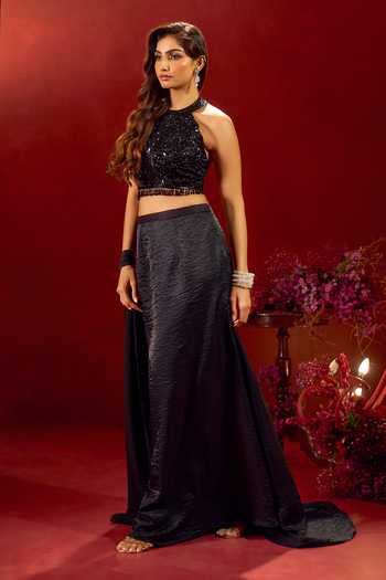 Buy Samyukta Singhania Black Silk Halter Neck Embroiderd Blouse Lehenga Set Online at Aza Fashions Buy_Samyukta Singhania_Black Silk Halter Neck Embroiderd Blouse Lehenga Set _Online_at_Aza_Fashions