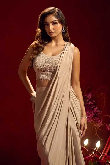 Buy Samyukta Singhania Beige Crepe Scoop Neck Pre-draped Saree With Sequin Work Blouse Online at Aza Fashions Buy_Samyukta Singhania_Beige Crepe Scoop Neck Pre-draped Saree With Sequin Work Blouse _Online_at_Aza_Fashions