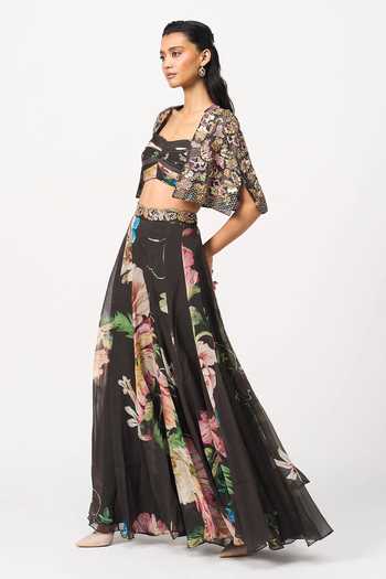 Issa Studio By Chetana & Swathi Black Organza, Satin Square Neck Anul Printed Lehenga Set With Jacket Online at Aza Fashions Issa Studio By Chetana & Swathi_Black Organza, Satin Square Neck Anul Printed Lehenga Set With Jacket _Online_at_Aza_Fashions