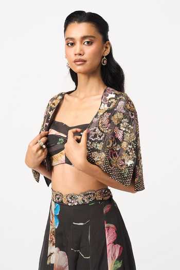 Shop Issa Studio By Chetana & Swathi Black Organza, Satin Square Neck Anul Printed Lehenga Set With Jacket Online at Aza Fashions Shop_Issa Studio By Chetana & Swathi_Black Organza, Satin Square Neck Anul Printed Lehenga Set With Jacket _Online_at_Aza_Fashions