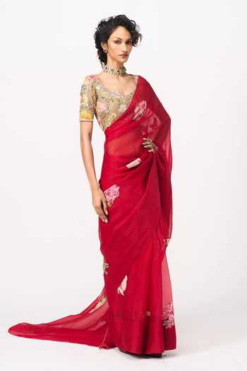 Buy Issa Studio By Chetana & Swathi Red Organza Sweetheart Neck Arika Printed Saree With Blouse Online at Aza Fashions Buy_Issa Studio By Chetana & Swathi_Red Organza Sweetheart Neck Arika Printed Saree With Blouse _Online_at_Aza_Fashions