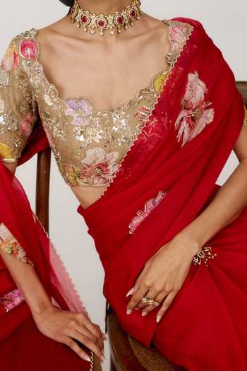 Buy Issa Studio By Chetana & Swathi Red Organza Sweetheart Neck Arika Printed Saree With Blouse Buy_Issa Studio By Chetana & Swathi_Red Organza Sweetheart Neck Arika Printed Saree With Blouse