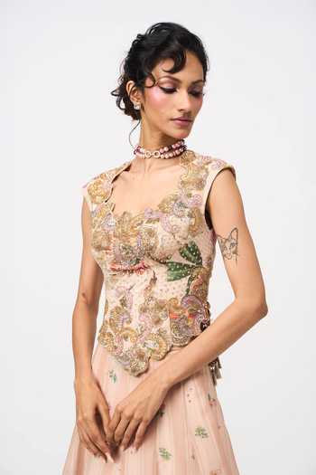 Issa Studio By Chetana & Swathi Peach Organza Sweetheart Neck Arushi Printed Lehenga And Embroidered Blouse Set Online at Aza Fashions Issa Studio By Chetana & Swathi_Peach Organza Sweetheart Neck Arushi Printed Lehenga And Embroidered Blouse Set _Online_at_Aza_Fashions