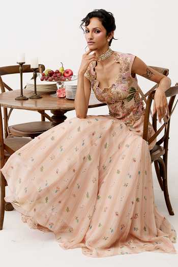 Buy Issa Studio By Chetana & Swathi Peach Organza Sweetheart Neck Arushi Printed Lehenga And Embroidered Blouse Set Online at Aza Fashions Buy_Issa Studio By Chetana & Swathi_Peach Organza Sweetheart Neck Arushi Printed Lehenga And Embroidered Blouse Set _Online_at_Aza_Fashions