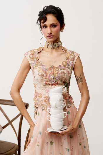 Shop Issa Studio By Chetana & Swathi Peach Organza Sweetheart Neck Arushi Printed Lehenga And Embroidered Blouse Set Online at Aza Fashions Shop_Issa Studio By Chetana & Swathi_Peach Organza Sweetheart Neck Arushi Printed Lehenga And Embroidered Blouse Set _Online_at_Aza_Fashions