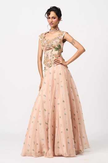 Issa Studio By Chetana & Swathi Peach Organza Sweetheart Neck Arushi Printed Lehenga And Embroidered Blouse Set at Aza Fashions Issa Studio By Chetana & Swathi_Peach Organza Sweetheart Neck Arushi Printed Lehenga And Embroidered Blouse Set _at_Aza_Fashions