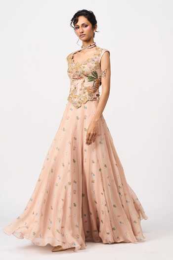 Buy Issa Studio By Chetana & Swathi Peach Organza Sweetheart Neck Arushi Printed Lehenga And Embroidered Blouse Set Buy_Issa Studio By Chetana & Swathi_Peach Organza Sweetheart Neck Arushi Printed Lehenga And Embroidered Blouse Set