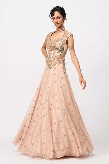 Shop Issa Studio By Chetana & Swathi Peach Organza Sweetheart Neck Arushi Printed Lehenga And Embroidered Blouse Set Shop_Issa Studio By Chetana & Swathi_Peach Organza Sweetheart Neck Arushi Printed Lehenga And Embroidered Blouse Set