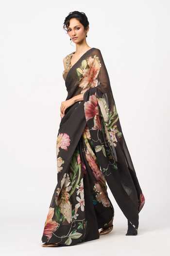 Issa Studio By Chetana & Swathi Black Organza Eshitha Printed Saree With Blouse Online at Aza Fashions Issa Studio By Chetana & Swathi_Black Organza Eshitha Printed Saree With Blouse _Online_at_Aza_Fashions