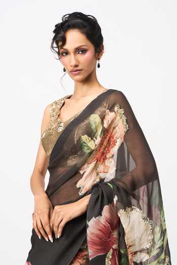 Shop Issa Studio By Chetana & Swathi Black Organza Eshitha Printed Saree With Blouse Online at Aza Fashions Shop_Issa Studio By Chetana & Swathi_Black Organza Eshitha Printed Saree With Blouse _Online_at_Aza_Fashions