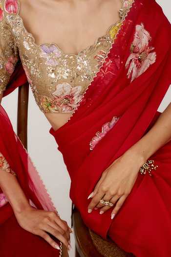 Issa Studio By Chetana & Swathi_Red Organza, Satin Sweetheart Neck Iksha Printed Saree With Blouse _at_Aza_Fashions